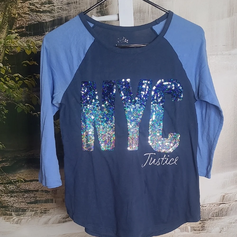 Justice Girls 16 Navy and Light Blue Sparkly Sequin NYC Long Sleeve Tee